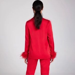 Nadine Merabi Red Silk Pajamas with Feather Trim Medium PJs Featured in …